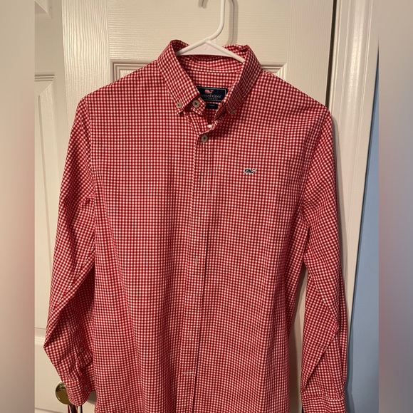 Vineyard Vines Whale shirt, red check, boys size large (16) - Picture 1 of 2